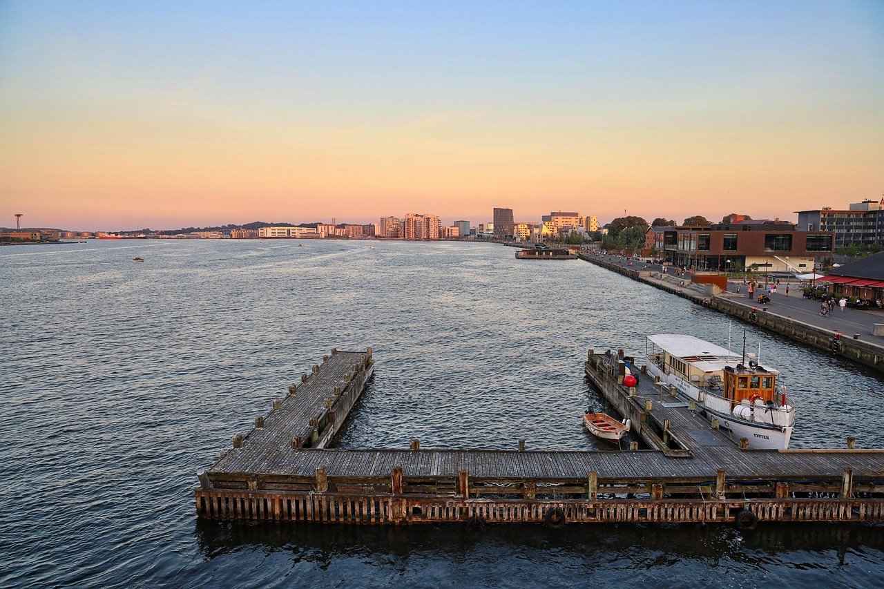 pier, port, boats, buildings, houses, bridge, sea, nature, ocean, aalborg, denmark, city, north jutland, outlook, cityscape, water, panorama, downtown, sunset, architecture